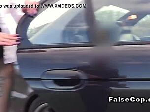 tattooed babe risks public fuck in police car backseat