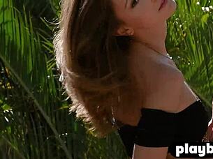 brunette milf miluniel louis poses sexy outdoors