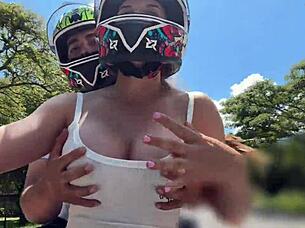 hot latina big tits flashing no bra outdoor pickup