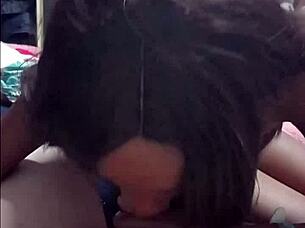 Skinny ebony babe sucks small white cock hungry