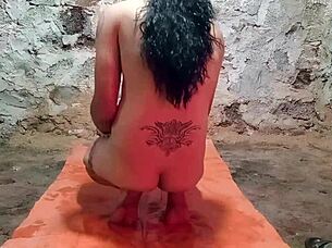 Shemale's tight ass gapes from massive dildo punching deep