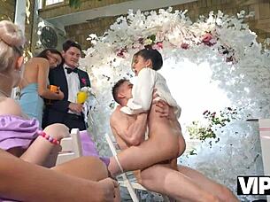 i was the bride in dress taking hard anal creampie while cuckold guests watched outdoors