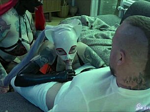 tattooed curvy brunette with huge tits takes interracial anal