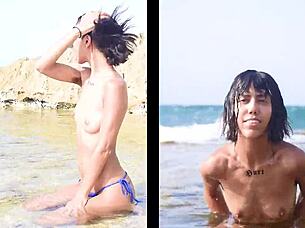 Skinny latina strips teases flashes at public beach