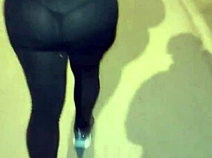 Curvy mature in see-through leggings flashes huge ass outdoors