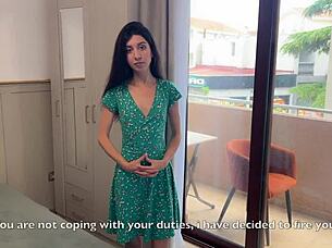 Wanna see babysitter punished with footjob fuck on balcony?