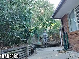 Curvy woman tries bikinis during outdoor walk