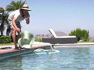 smoking milf teases poolboy with toy stuffed anal ass