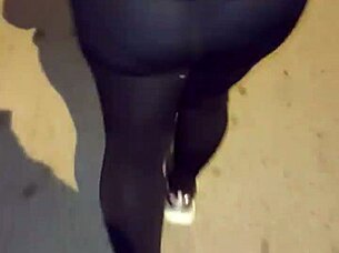 Curvy mature in see-through leggings flashes huge ass outdoors