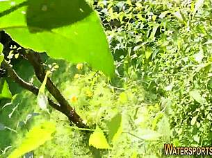 lesbian goldenshower fingering toys outdoors in stockings