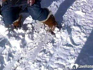 hot slut flashes tits pees snow wildly!