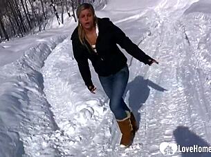hot slut flashes tits pees snow wildly!