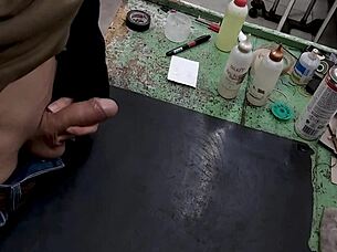 i sneak masturbate on workbench at work skinny big cock tease