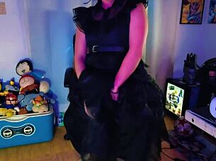 hotwife in merlina cosplay rides lover's cock cowgirl style