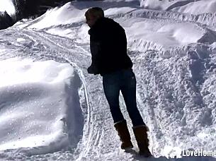 hot slut flashes tits pees snow wildly!