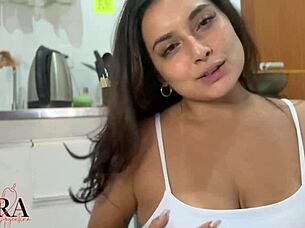 Curvy tanned Brazilian neighbor cooks with interactive buttplug vibrating her tight hairless pussy and big ass
