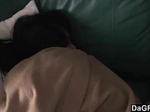 busty latina grabs my cock for hot sofa handjob