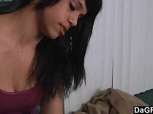 busty latina grabs my cock for hot sofa handjob