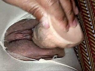 fake cock thrusts tight shaved student pussy through pantyhose