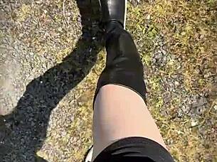 Wow, Lexi Faith's cute Asian ladyboy ass shines in outdoor stockings!