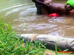 Asian milf rides big black cock to creampie in outdoor public stream