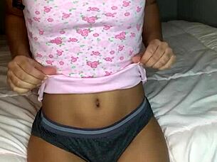 Barely legal tiny shy 18+ teen flashes puffy pussy panties