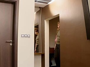 Beautiful blonde fucks father-in-law in hotel while watching cuckold action