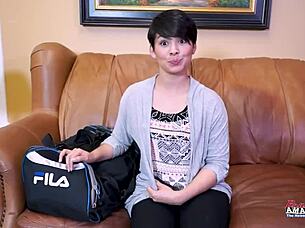 Skinny brunette Jae Scott bounces on cock in deep riding, doggystyle, and swallow finale