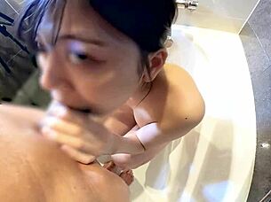 amateur girl blows in shower bath to mouth cum