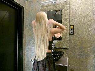 sexy long haired blonde big tits in see through miniskirt no panties