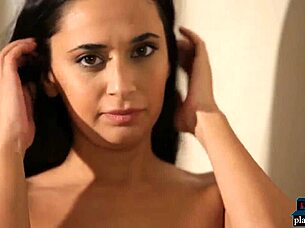 busty brunette milf model strips naked rips clothes shows off big tits ass lingerie