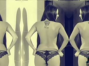 busty brunette milf model strips naked rips clothes shows off big tits ass lingerie