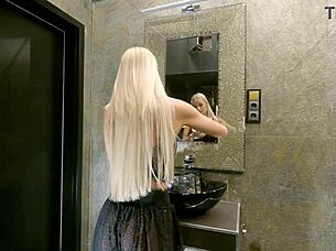 sexy long haired blonde big tits in see through miniskirt no panties