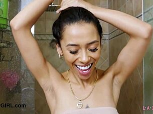 sweet asian beauty strips down for steamy shower solo