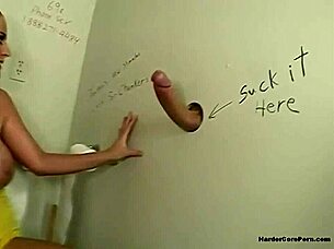 big tits babe sucks cocks through gloryhole gets cumshots doggystyle bent over orgasms