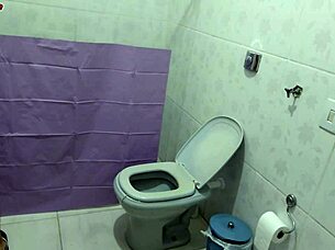 horny mature brunette spies on stud showering then begs for rough bathroom pounding