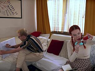 Redhead student sneaks teacher home for rough cowgystyle creampie pounding