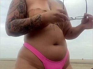 exhibitionist babe asks beach guy to flash hard cock from shorts for swollen pussy view