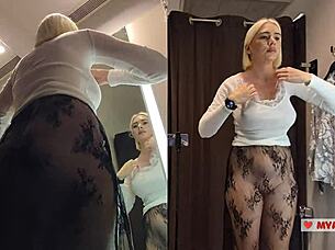 pov spying busty blonde trying see-through outfits dressing room
