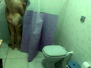 horny mature brunette spies on stud showering then begs for rough bathroom pounding