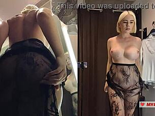 pov spying busty blonde trying see-through outfits dressing room