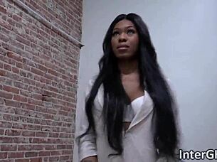 hot ebony babe fingers pussy through gloryhole in lingerie