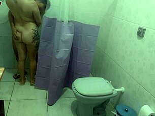 horny mature brunette spies on stud showering then begs for rough bathroom pounding