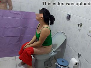 horny mature brunette spies on stud showering then begs for rough bathroom pounding