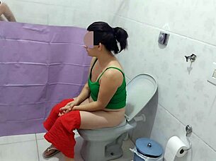 horny mature brunette spies on stud showering then begs for rough bathroom pounding