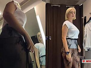 pov spying busty blonde trying see-through outfits dressing room