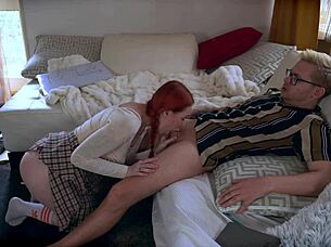 Redhead student sneaks teacher home for rough cowgystyle creampie pounding