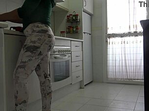 Horny Milf Catches Young Stud Jerking Massive Cock In Kitchen