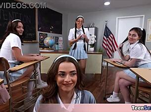 um, four cute petite teens with small tits practice blowjobs on teacher?