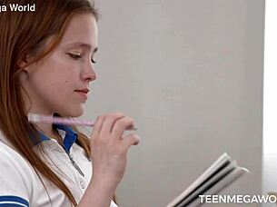 brunette babe's shaved pussy licked deep during wild cowgirl study creampie